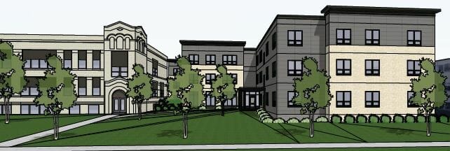 Sketch of the outside of a future building. Exterior is multiple buildings, gray and cream in color, with grass and shrubs in the foreground.